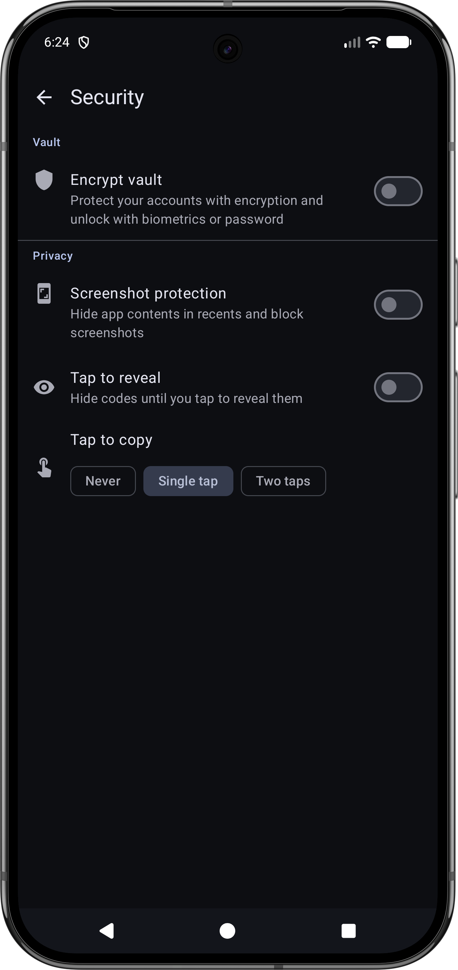 Security settings with the vault unencrypted