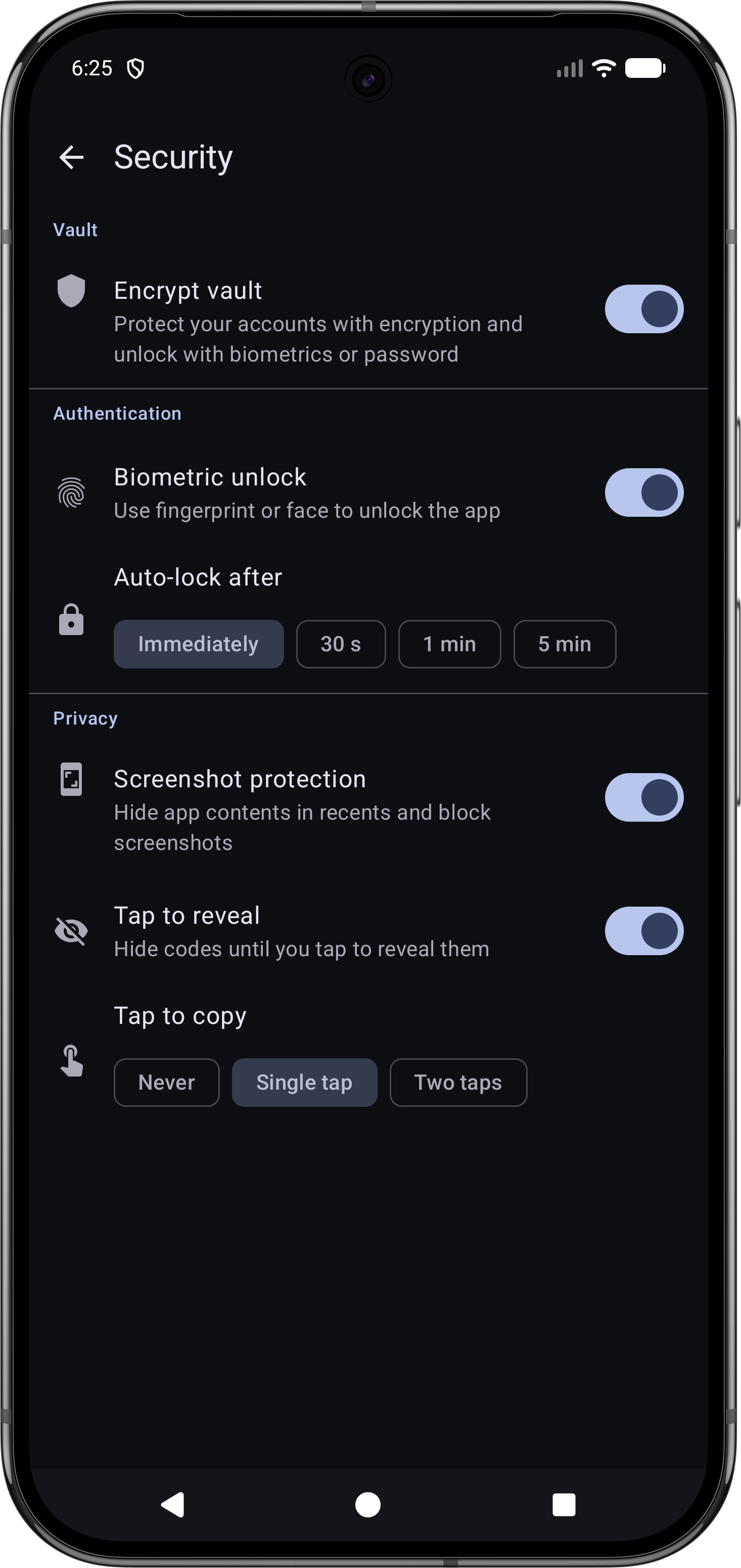 Security settings with vault encryption and biometrics enabled