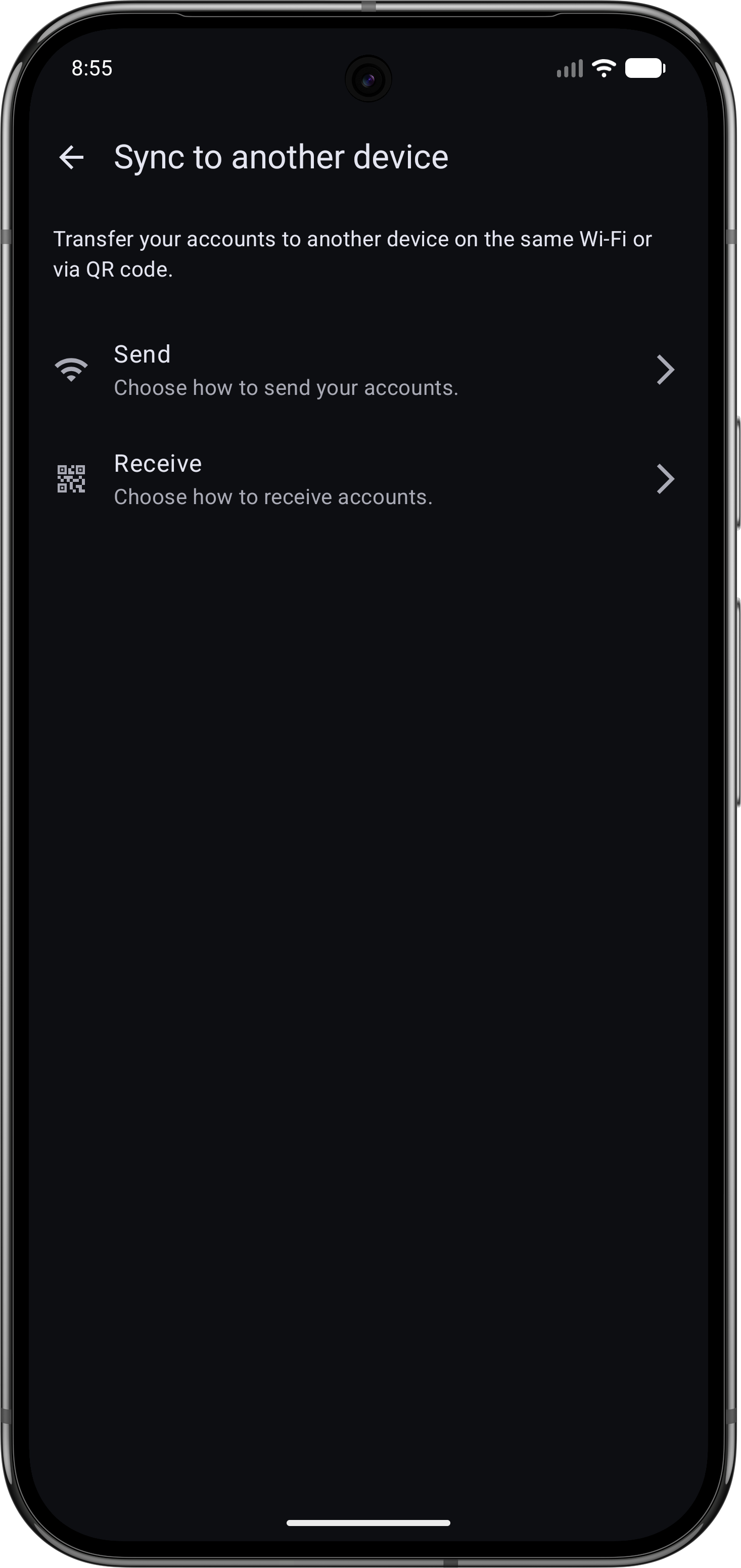 Choosing to send or receive accounts