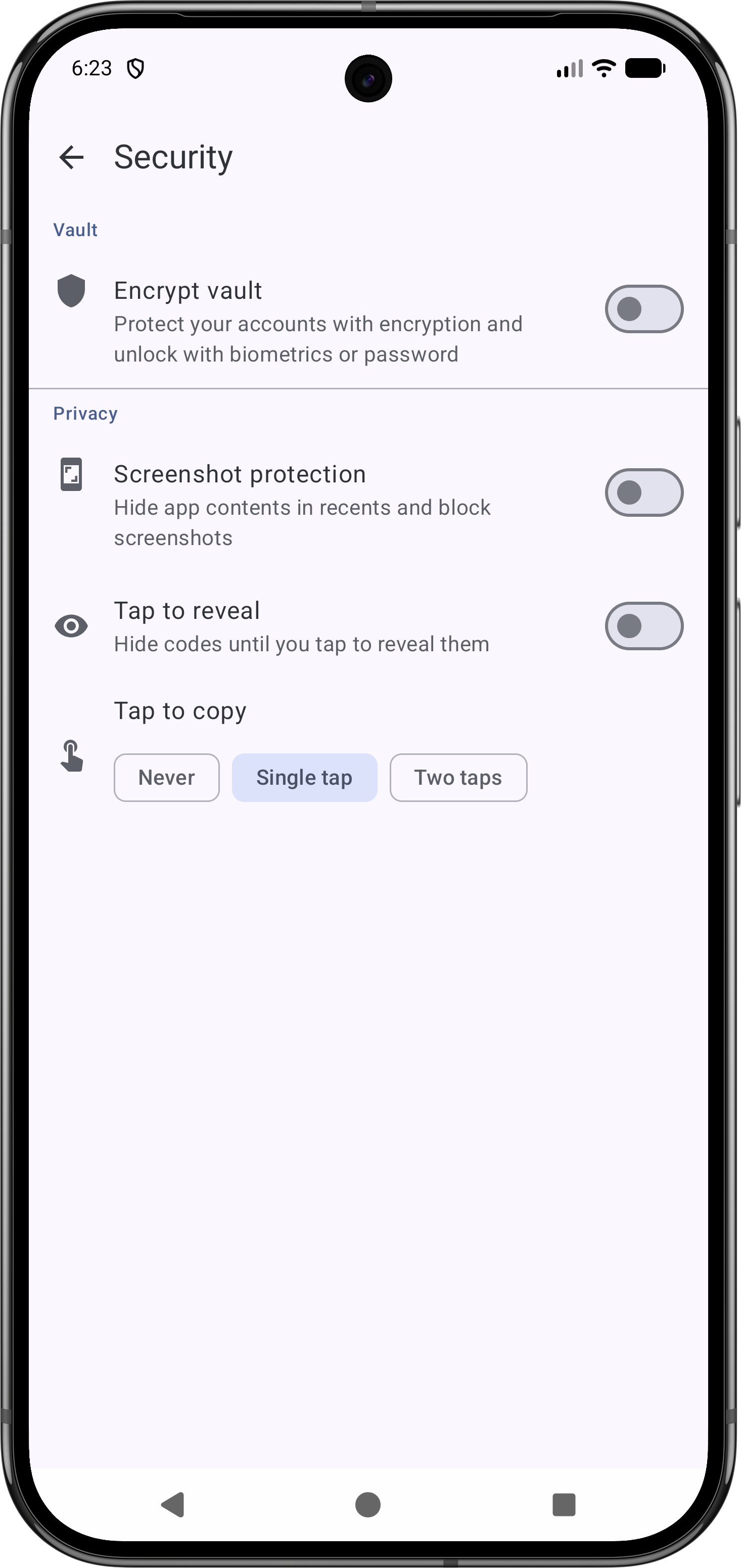 Security settings with the vault unencrypted