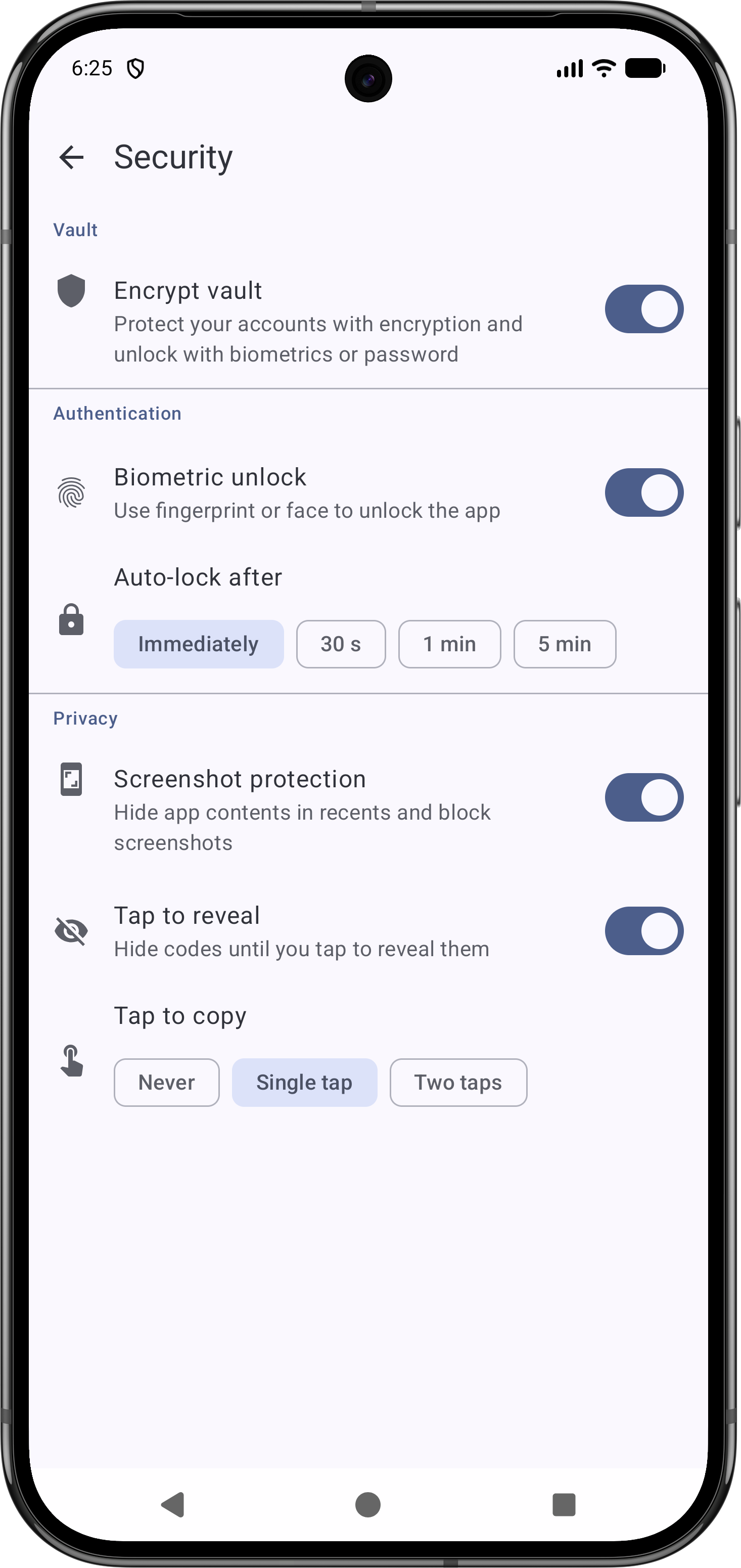 Security settings with vault encryption and biometrics enabled